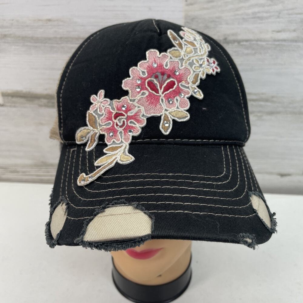 Women's Distressed Black Ball Cap Flower Patterned Jewels‎ Adjustable Size